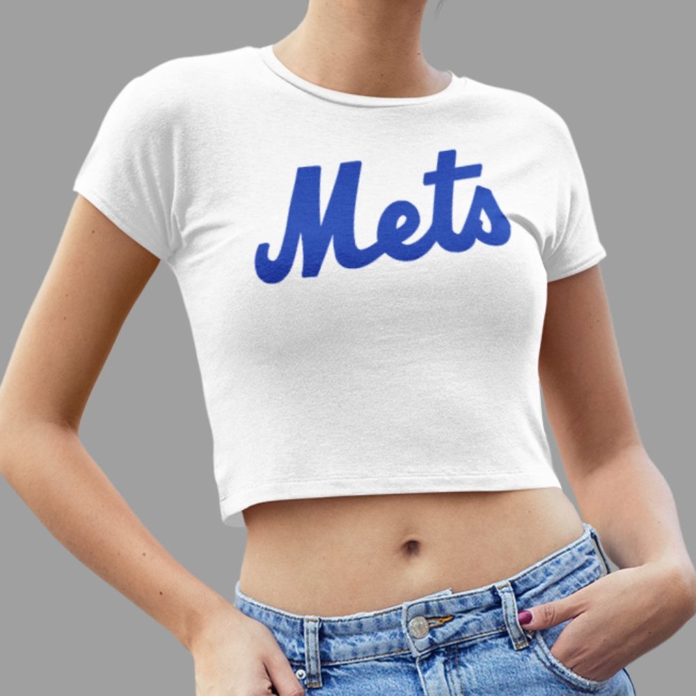 NEW York Mets Script Spellout Team Color Pop Form Fit Crop Top Shirt WHITE
